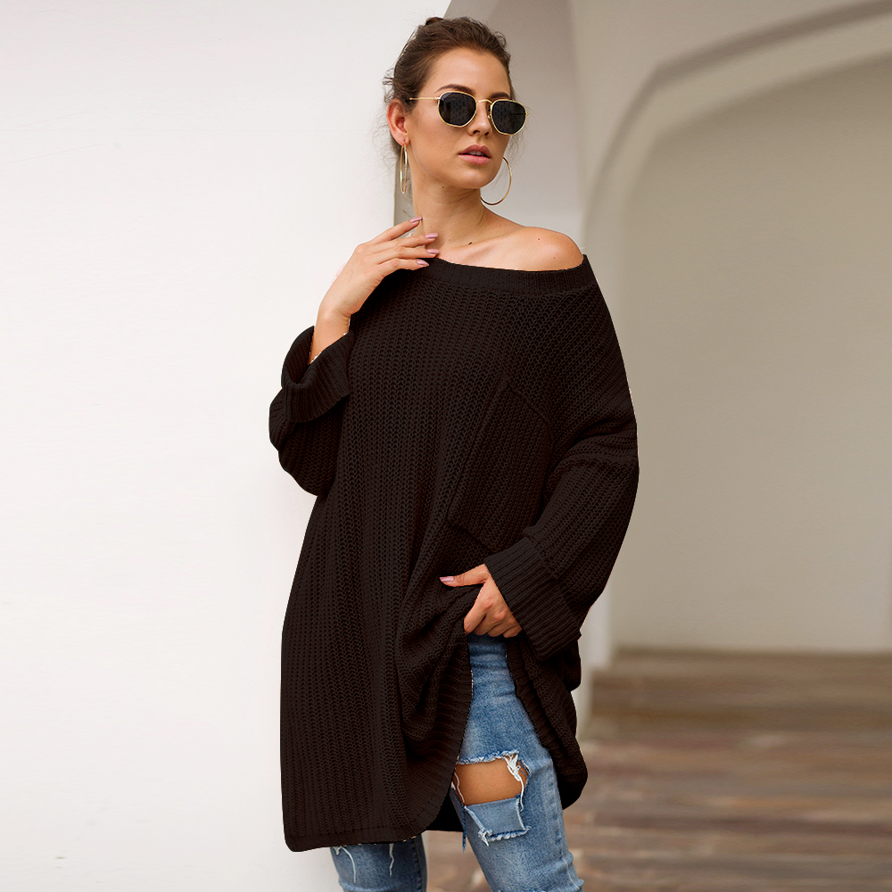 SZ60241-3 Black Knit One Shoulder Long Sleeve Casual Sweater